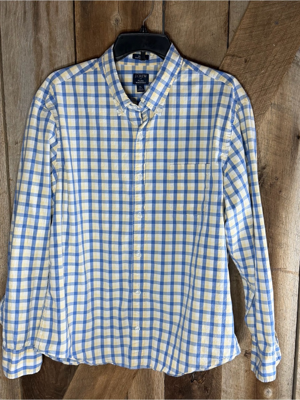 J Crew Slim Untucked Flex Washed Shirt Mens XL Blue Yellow Plaid Button Up